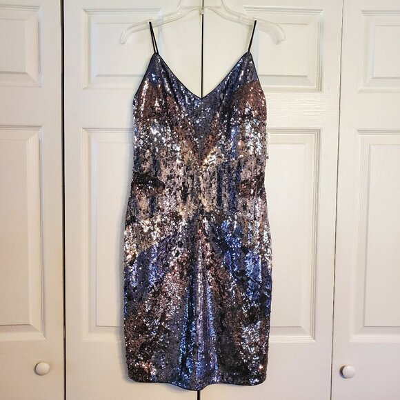 Aidan Mattox Metallic Sequin Spaghetti Strap Cocktail Dress - Picture 2 of 8